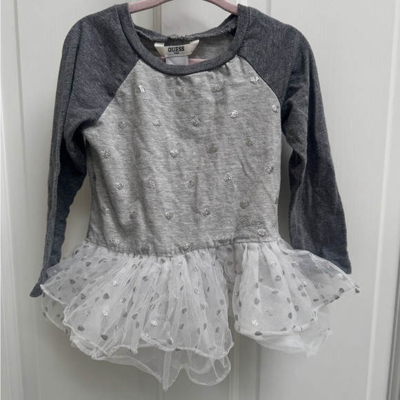 Guess 3T Girls Gray and White Long Sleeve Tee with Tulle Shirt Blouse - Picture 1 of 7